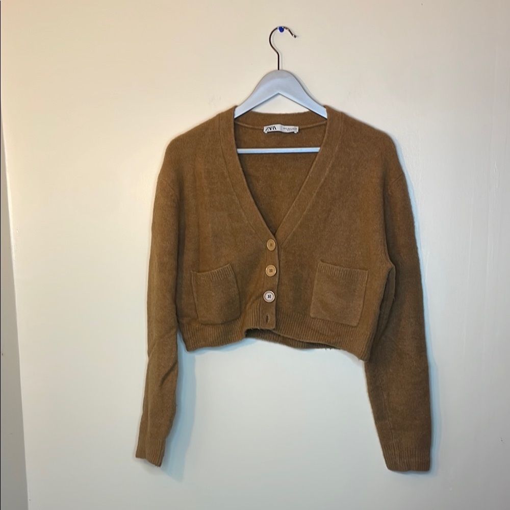 Zara Brown Cropped Cardigan Sweater